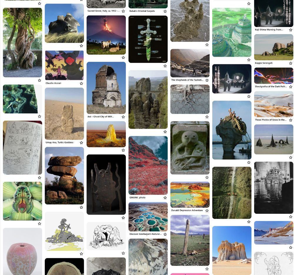 collection of reference materials from pinterest, landscape photographs, concept art for environments, objects and historical relics from the real world