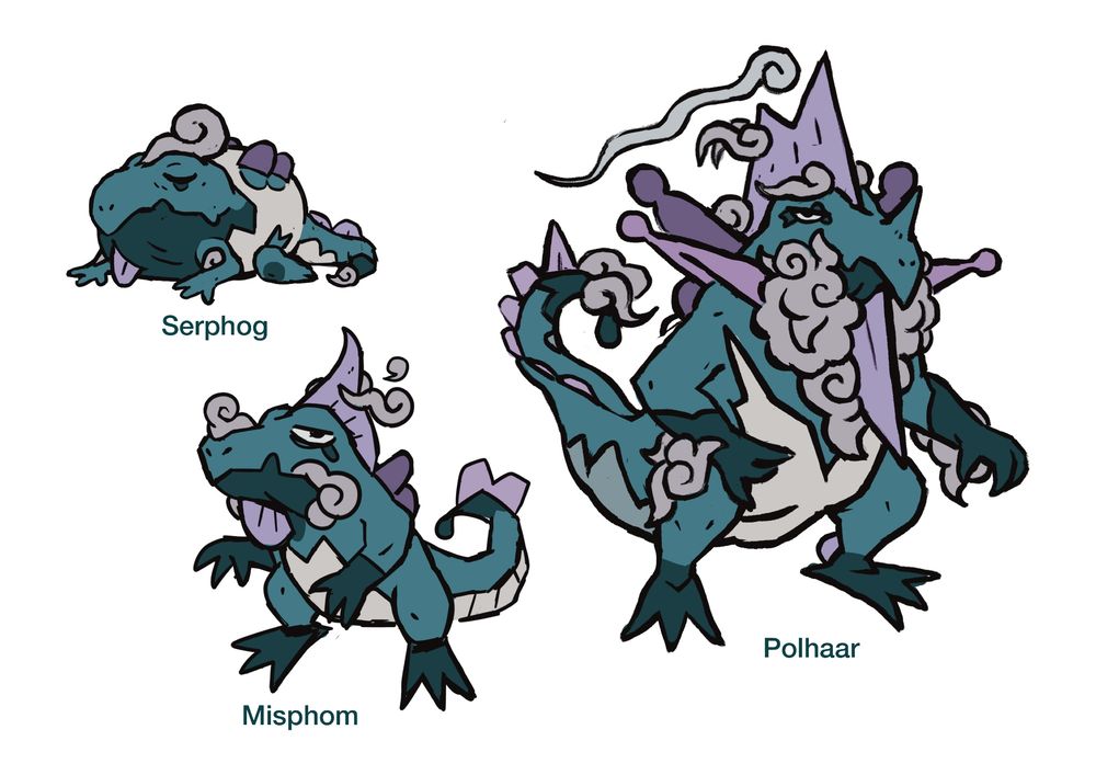 concept sketches for my own water/ghost type starter Pokemon - I took influence from rich blue hues and soft purples to create a gloomy lil trio with serpents, lizards and fog. a bit out of my comfort zone, but hope to explore creature concept art further #gameart #pokemon #fakemon #characterdesign #creaturedesign #conceptart
