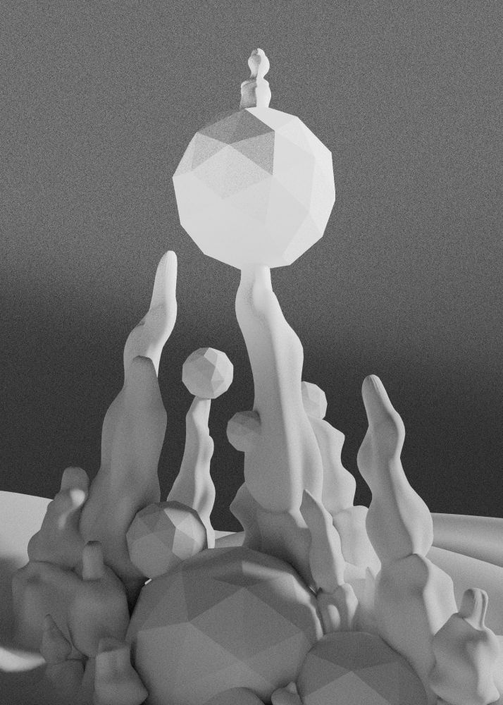 rough black and white scene block out in blender, consisting of soft rocky pillars and geometric fungal growths to add contrast to the shapes within the composition