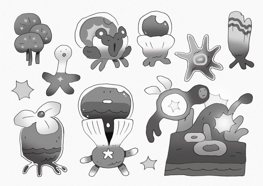 vis dev spread, figuring out what's at the bottom of the sea - image is missing annotations, explaining design choices and the mechanics of what and why these organics exist at the bottom of the sea, but some fun exploration of world-building and narrative development is present in these concept sketches. #environmentart #worldbuilding #visdev