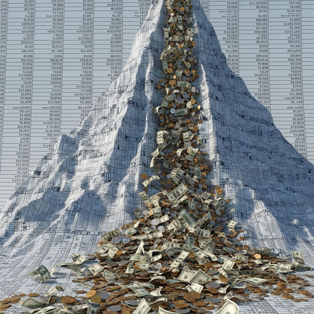a spreadsheet mountain with an avalanche of cash
