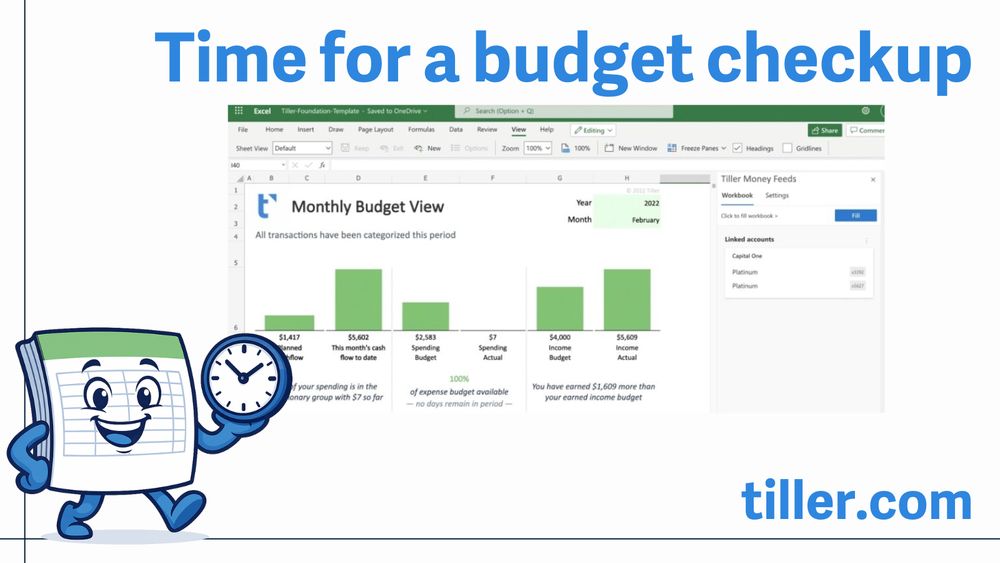 Spreadsheet holding a clock in front of a Tiller Budget