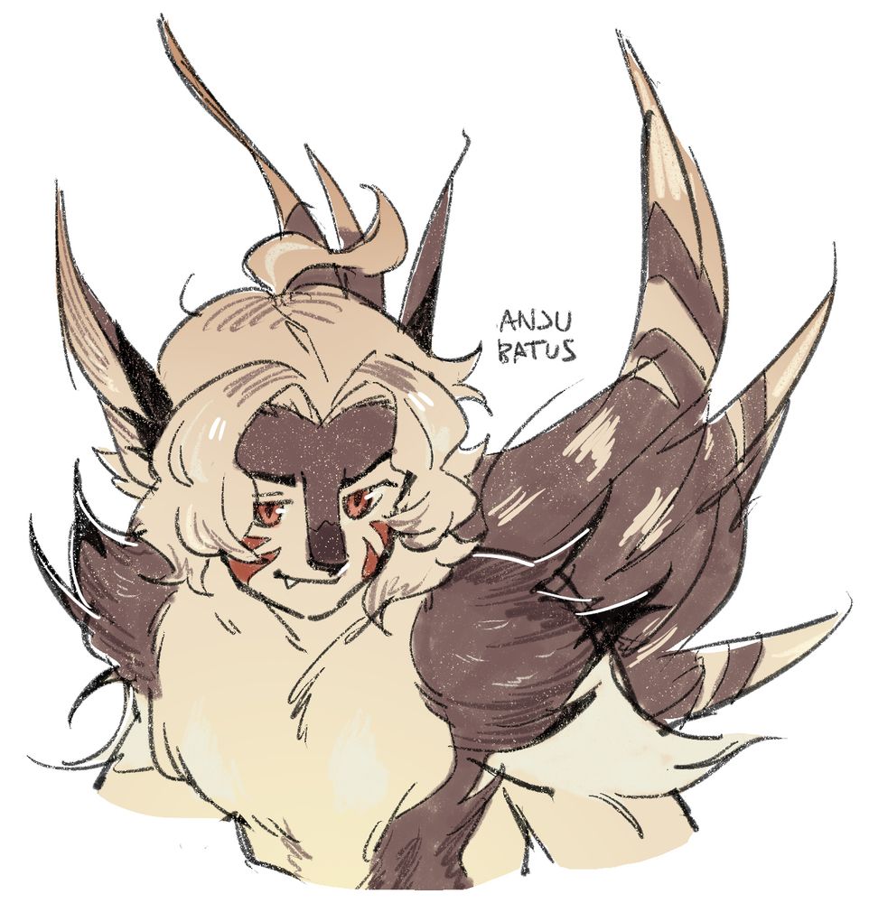 A drawing of an anthro creature. He has brown wings on his back and wing ears. He has light hair and red eyes.