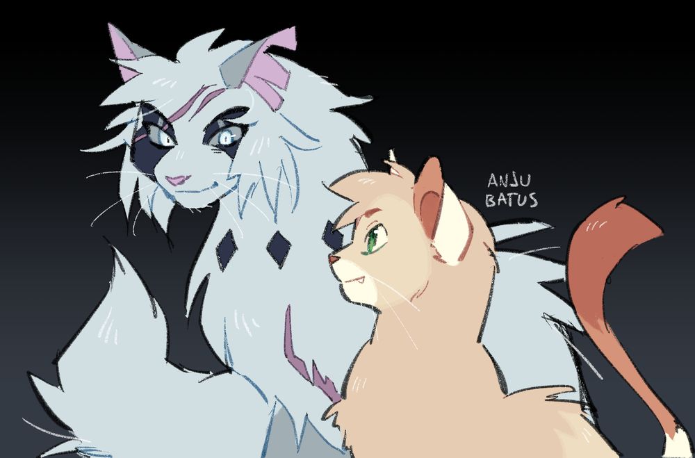 A drawing of two cats. There is a big, scarred white cat and a smaller beige cat sitting side by side.