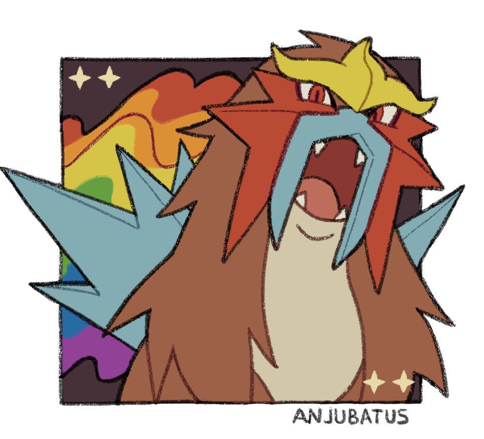 Drawing of the pokemon Entei. Entei's flowing mane is in rainbow colors like a pride flag.