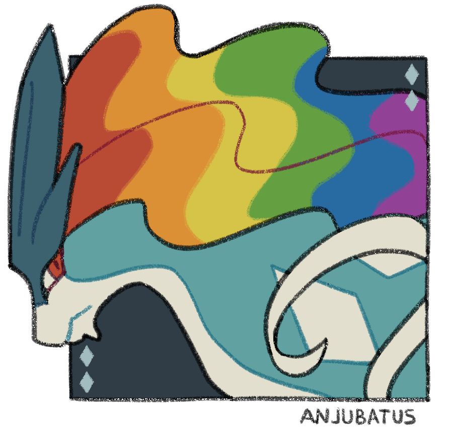 Drawing of the pokemon Suicune. Suicune's flowing mane is in rainbow colors like a pride flag.