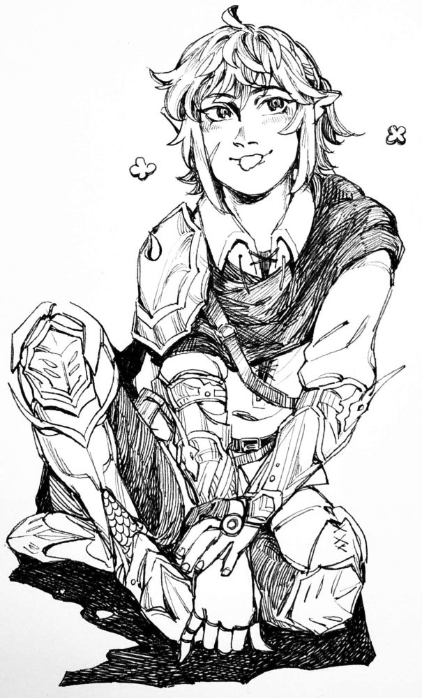 Black-and-white ink drawing of a fluffy-haired elf dressed in fantasy armor sticking his tongue out playfully.