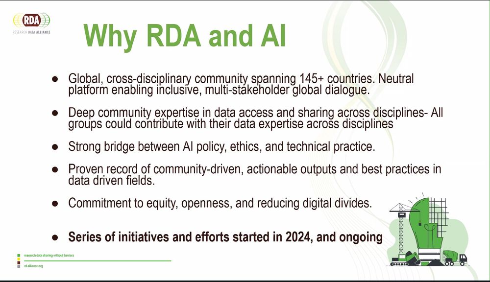 A screenshot from a Powerpoint presentation outlining the reasons why the RDA community is well-positioned to lead AI for research data practice. These slides will be made available along with the recording after the conference closes.