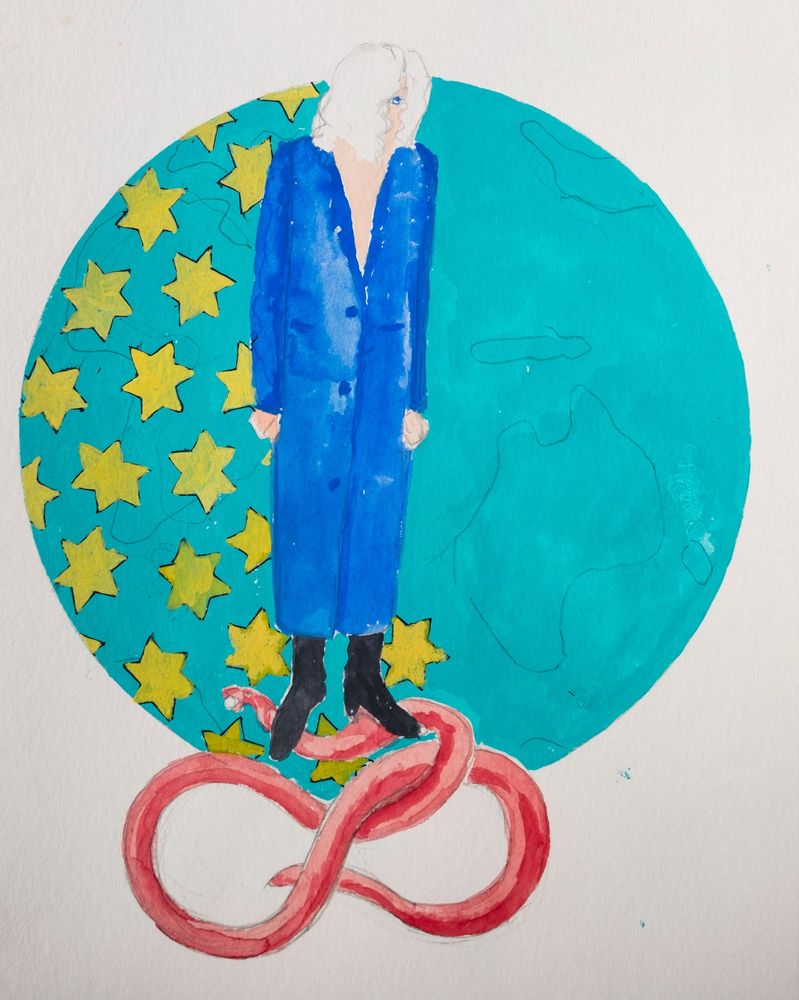 A painting depicting a woman in a blue coat standing confidently atop a large snake, showcasing a surreal and bold scene.