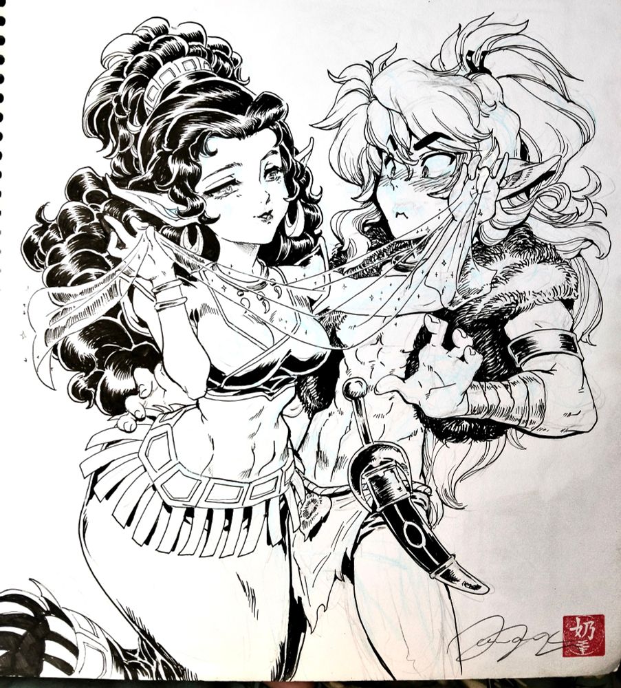 Leetah and cutter from elf quest were the beginning of my journey into comics. That comic was followed swiftly by Ranma half. So naturally the next step is a style fusion.

I've been trying to get the heart to draw again, so I'm starting from the beginning as an artist. 💙
