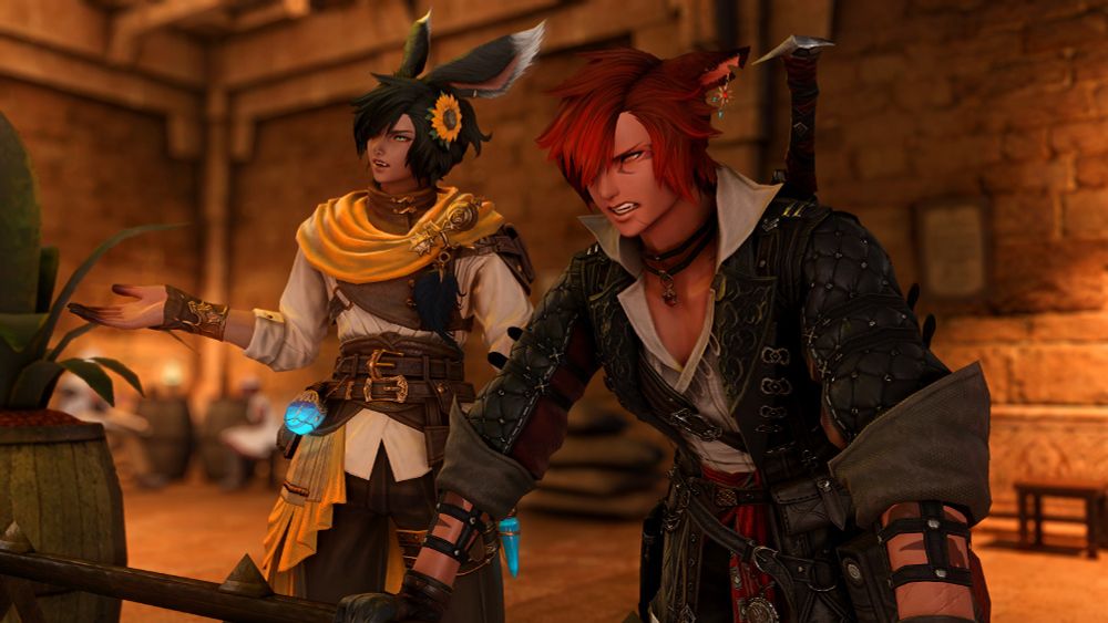 upset and confused male viera along with a pissed off male miqo'te gripping a guard rail looking at something out of frame