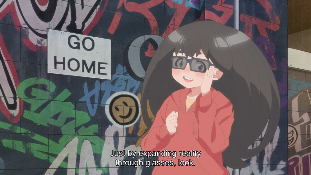 black-haired anime girl wearing AR glasses, standing in front of a heavily graffiti'd wall with a sign that reads "GO HOME" on it.