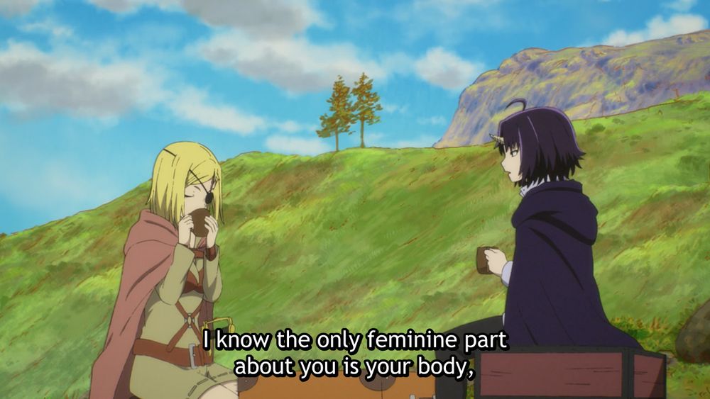 evil dragon creature taking the form of a black-haired human with a single horn, speaking to a blonde-haired anime woman with an eyepatch: "I know the only feminine part about you is your body..."