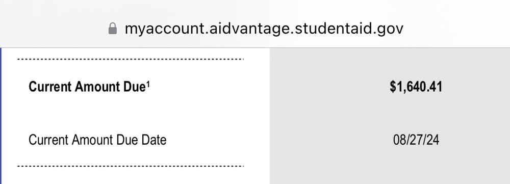 Screenshot of part of a student loan payment, showing a "Current Amount Due" of $1,640.41