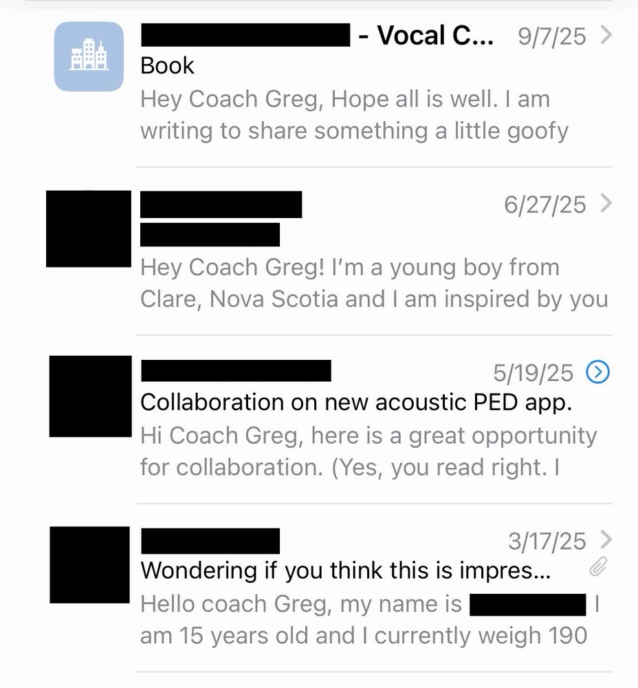 Screenshot of four separate emails from various people intending to email the Canadian bodybuilder Greg Doucette