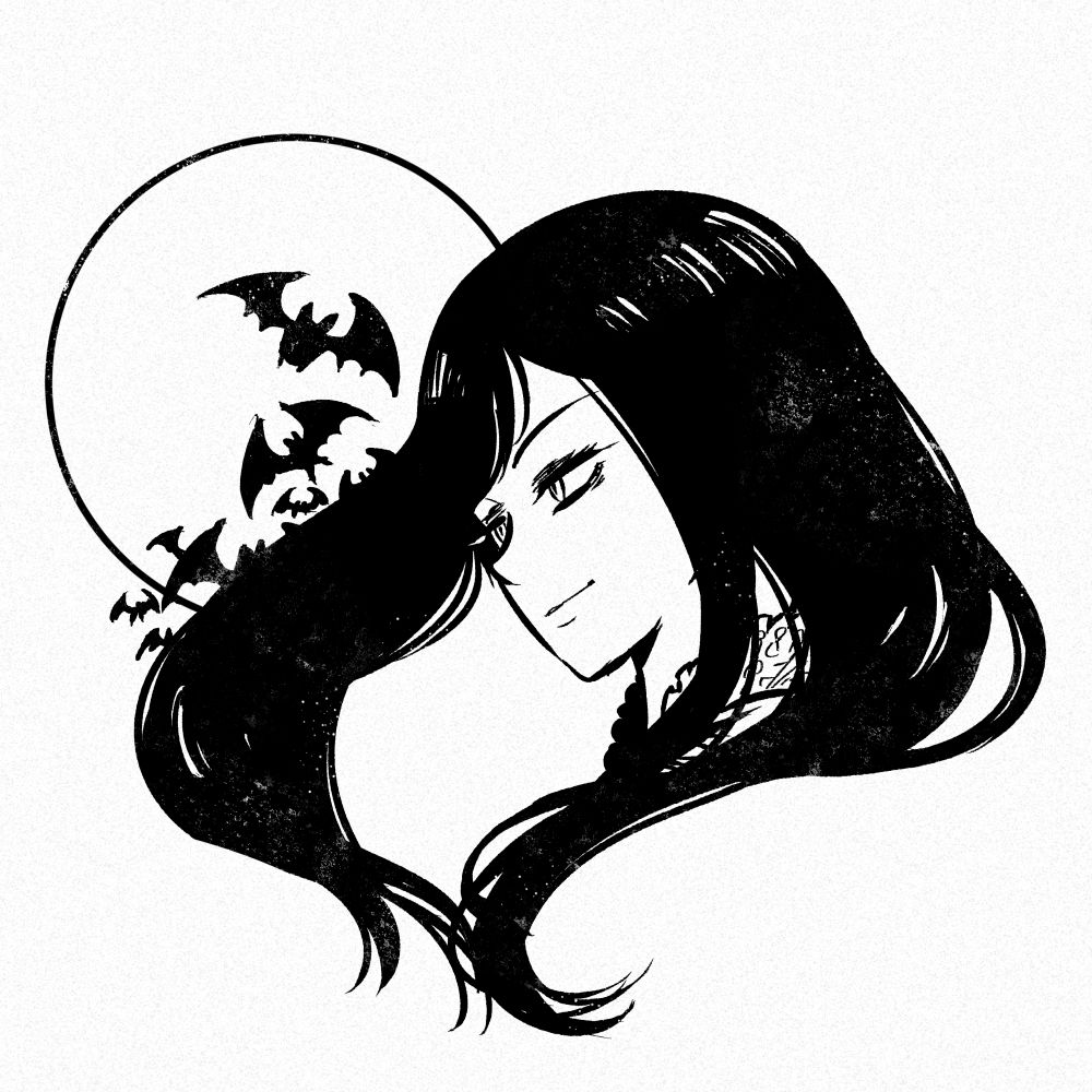 A black-and-white drawing of Shanoa from Castlevania: Order of Ecclesia. It's a portrait, showing her somewhat in profile with her head tilted, long black hair snaking around, and a full moon with bats behind her.

This art is from 2018 (holy shit), but I still kinda like it.