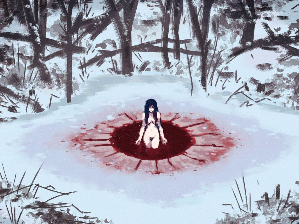 A painted sketch of a nude woman standing thighs-deep in a round hole in the ice of a wintry pond. Instead of water, the pond seems to be filled with blood, and the shape of the cracked ice and the surrounding snow vaguely resembles the shape of a large eye. Bare trees and sticks and dead undergrowth surround the edges of the scene.

This was based on a photo I saw on Pinterest, of some ice on a pond that looked like a big eye. I made the water blood and added a naked lady, because that seemed like a cooler concept to me. Just more painting practice!
