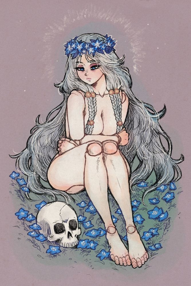 A drawing of Revenant from Elden Ring Nightreign, rendered with a pencil brush and a gauche brush. She's sitting in a field of baby blue eyes flowers, hugging herself with her knees drawn up, bare body on display, doll joints and all. Her long silvery hair falls down around her and she has a crown of blue flowers on her head. She looks at a skull on the ground next to her, blue eyes heavily lidded, lashes long, expression somber.

In the alternate version, her braids are undone and swept away so that her chest can be seen.

The issue with my neck has progressed to where working at my desk becomes too painful quickly, so I had to draw on my iPad this week -- compromised my original vision for this piece a bit in order to do so, but I still like how it turned out. Alternate version with her braids undone/out of the way on my Patreon, if you'd like to support my artwork. Thank you!