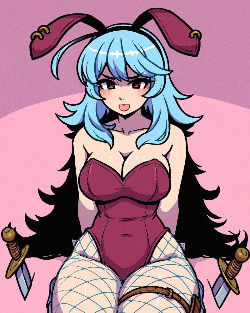 An illustration of Bunny Crimson, my original character who's head of a tokusatsu-esque team of crime fighters in bunny girl outfits. She has very long light blue messy hair that's jet black on the underside, red eyes, and a grumpy expression with her tongue sticking out. The bunny ears she's wearing have gold hoop piercings, and she has a holster for her knife strapped around one thigh. She kneels on the ground with a knife stuck in the floor on either side of her.

In one version of the art, she's wearing her usual crimson Playboy bunny corset, and in the other she's only wearing fishnet leggings and has her tits out.

Consider supporting my Patreon for the alternate version! Thank you very much!!