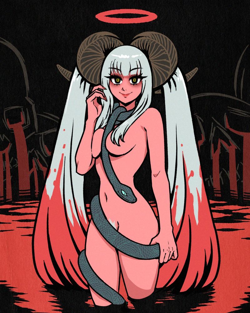 A drawing of my original Miku design, Queen of Hell Miku. She's nude with pink skin, pale greenish hair that's nearly white, and black eyes with square yellow pupils. Instead of headphones, she has huge ram horns that curl back behind her head and then extend out to each side, and her incredibly long twintails hang out from them and trail into the thigh-deep ocean of blood she's standing in. A snake wraps around her body, covering her crotch and then curling around her neck like a tie. A red halo floats above her head, and in the distance, the empty sockets of giant skulls feed waterfalls of blood into the red sea.

I wanted to design an edgy evil Miku!! I tried lots of different concepts, even a Lovecraftian/The Thing-inspired one, but ended up going with a demon. Her tie is a snake and her headphones are horns...she is cute and evil...

There are a couple bonus sketches on Patreon with her tiddies out. Please support and check them out if you wanna, thank you!