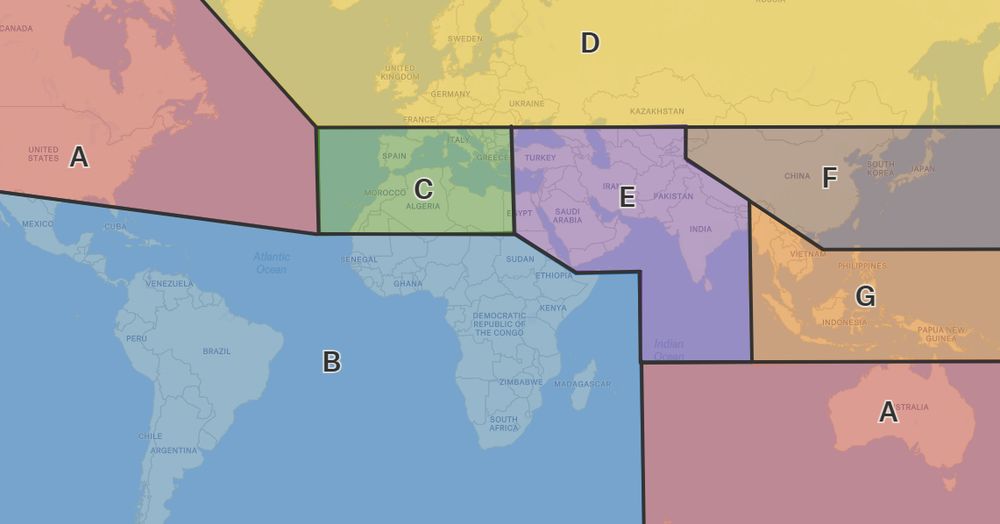 A world map split into 7 regions. A with USA, Canada, Australia and New Zealand; C with Countries around the Mediterranean; B with Latin America and the rest of Africa; D with the rest of Europe; E with the Middle East and Indian subcontinent; F with Eastern Asia; and G with South East Asia