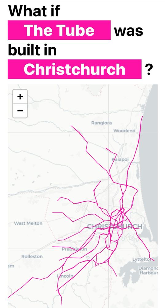 Map of Christchurch with overlay of the London tube lines, spread out from woodend to beyond Rolleston and Lincoln 