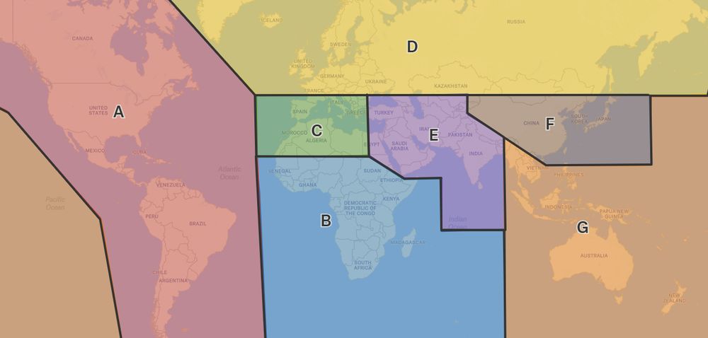 A map of the world with different regions split and labeled. A for Americas, B for most of Africa, C for Southern Europe and Northern Africa around the Mediterranean, D for the rest of Europe, E for the Middle East, Central Asia and the Indian Subcontinent, F for East Asia, and G for South East Asia and the Pacific.