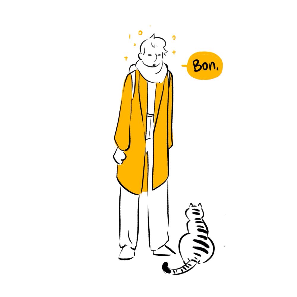 Personnage de nouveau devant le chat, l’air determiné.