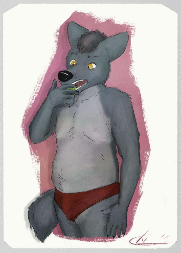 chubby anthro gray dog ​​in underwear eats pear
