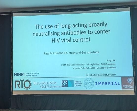Ming Lee presenting his conference talk titled 'The use of long-acting broadly neutralising antibodies to confer HIV viral control' 