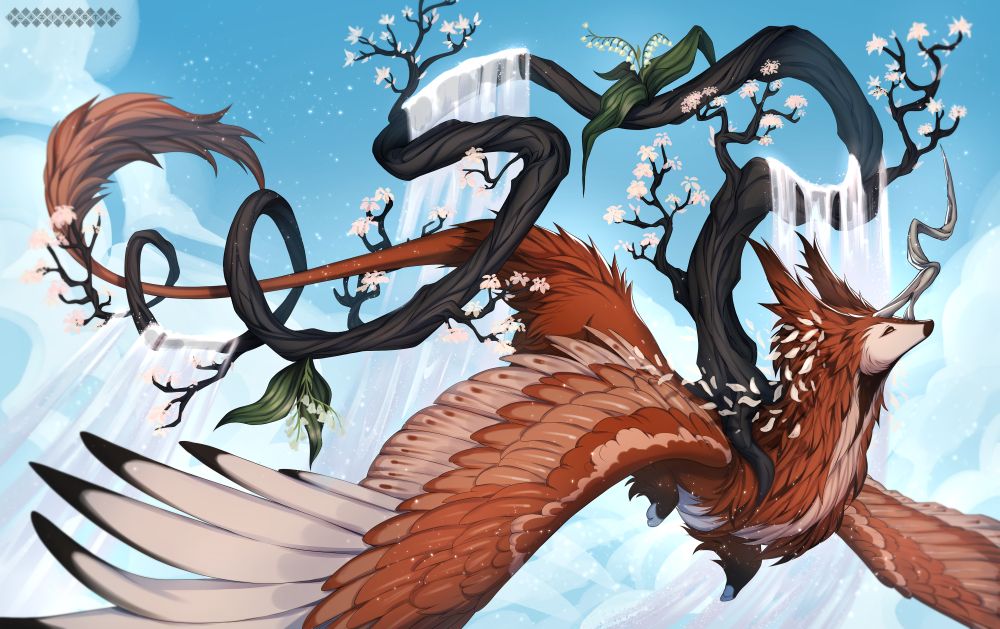 a illustration of a esk character with wings and a tree growing on it's back