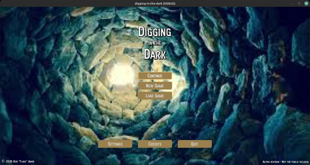 The new title screen for Digging in the Dark: same rocky column background, but the game buttons are stylized and colored, arranged in groups according to function. New snazzy font, too!