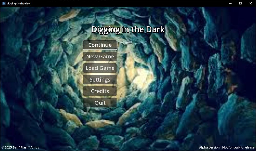 The old title screen for the game Digging in the Dark: six plain grey buttons set against a background of a rocky column. All the styling and fonts are Godot default.