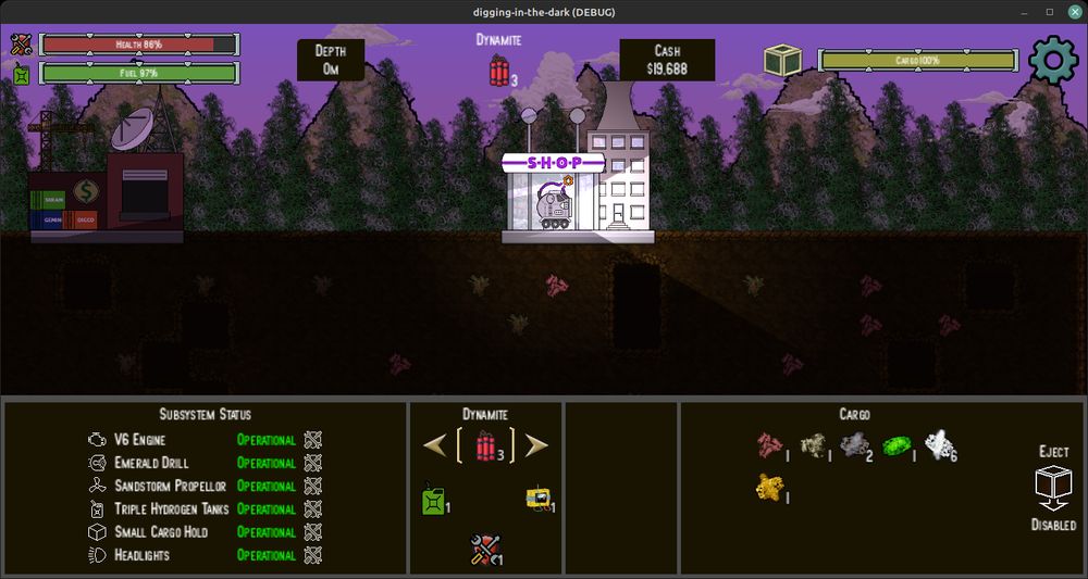 The new gameplay screen for Digging in the Dark: the same side view backdrop of earth, trees, and hills is much less obstructed by the user interface. The health, fuel, and cargo space bars appear the same way. The Depth and Cash displays are still text, but are now separate from each other with the currently selected usable item displayed between them. The hotbar is gone. Instead of a popup window in the center of the screen to display the player's inventory, a new panel spans the bottom of the screen, displaying the same information. The left pane lists the subsystems of the digging machine and their status. The center left pane shows usable item icons and their quantity in a ring with the currently selected item at the top of the ring. The center right pane is currently empty. The right pane displays the type and quantity of ores in the cargo hold as icons with numbers. On the far right is an eject button, currently disabled.