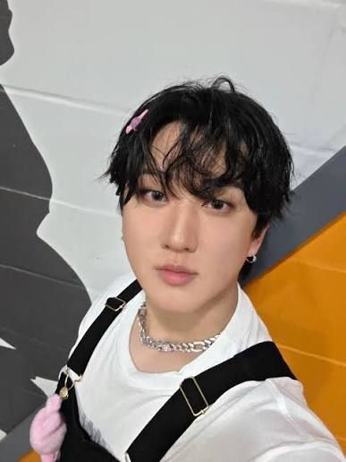 Seo Changbin from the Kpop group Stray Kids wearing a white shirt and black overalls. He has a pink bow clip in his hair.