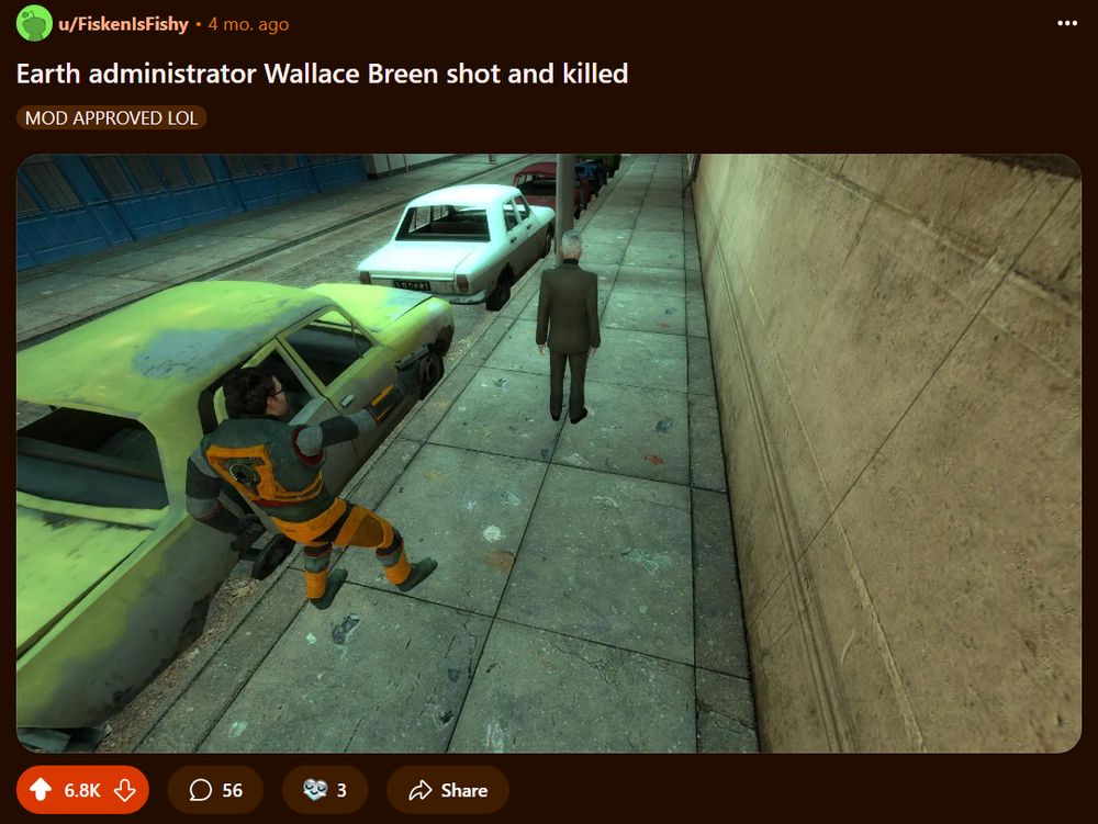 a reddit post reading "Earth administrator Wallace Breen shot and killed" with a gmod recreation of the widely shared screenshot taken from the camera feed when Luigi shot that guy who really deserved it 