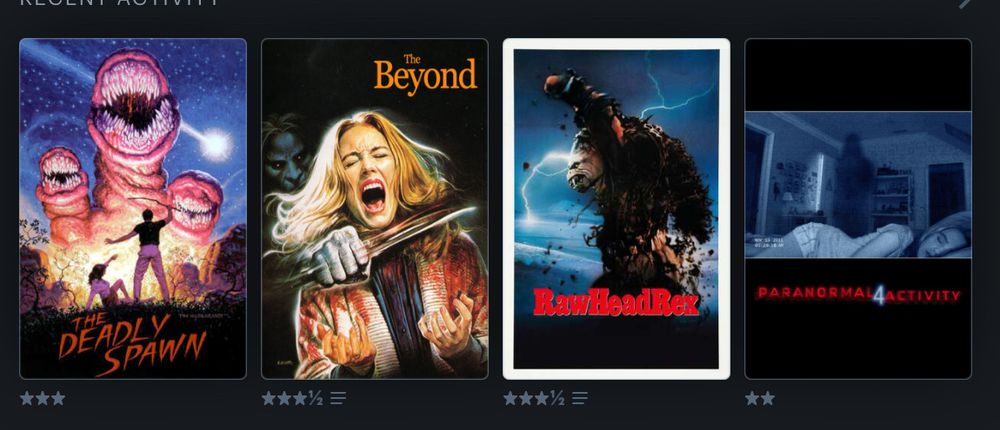 Movie posters of The Deadly Spawn, The Beyond, Rawhead Rex, and Paranormal Activity 4.