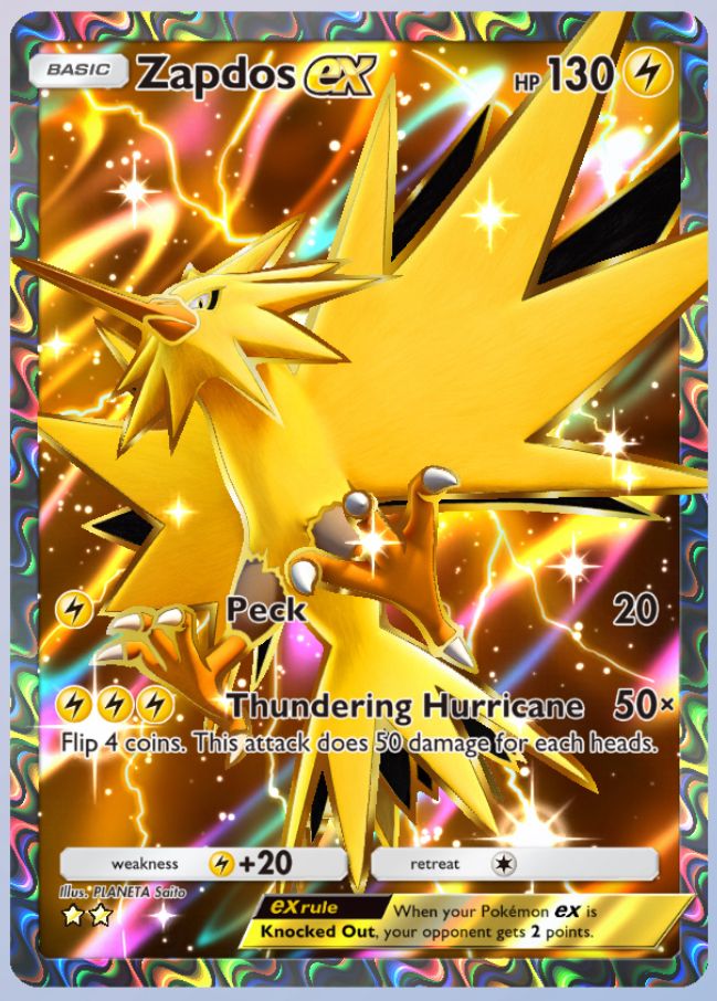 A screenshot of a zapdos card from the mobile game Pokémon TCG pocket. It has very bold and bright colours