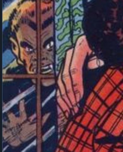 Detail from the cover of ELLERY QUEEN COMICS #4 (1949). A figure is seen behind the window, peering into the building, unbeknownst to the other characters on the cover. His skin is brown, the ear we can see is pointed, and his eyes and teeth are rather bestial, so I assume he's supposed to resemble the Wolf Man.