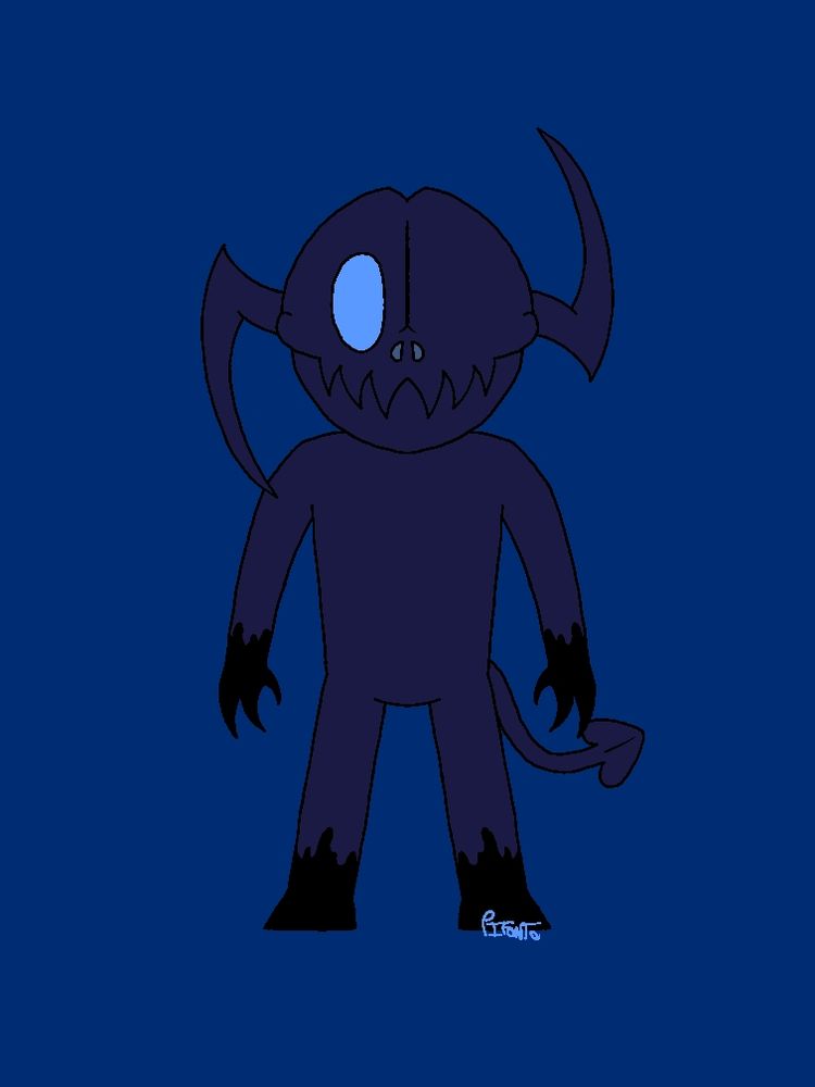 Endom's Masc Form, looks like a dark blue demon with a single light blue eye on the right side of his face. The head is skull-like with visible nostrils and a separation between the maxilla and the mandible.
The teeth are sharp, but despite this he doesn't look scary, quite the opposite, he looks extremely friendly!
The horns are asymmetrical, with the one on the left pointing up and the one on the right pointing down.

Finally, the hands have 3 fingers each and are covered in "nullink" (black mucus voidrops are made of), the feet have two pointy toes and are equally as covered in nullink as the hands, and the tail is that of a demon, although its end is less pointy and more round.