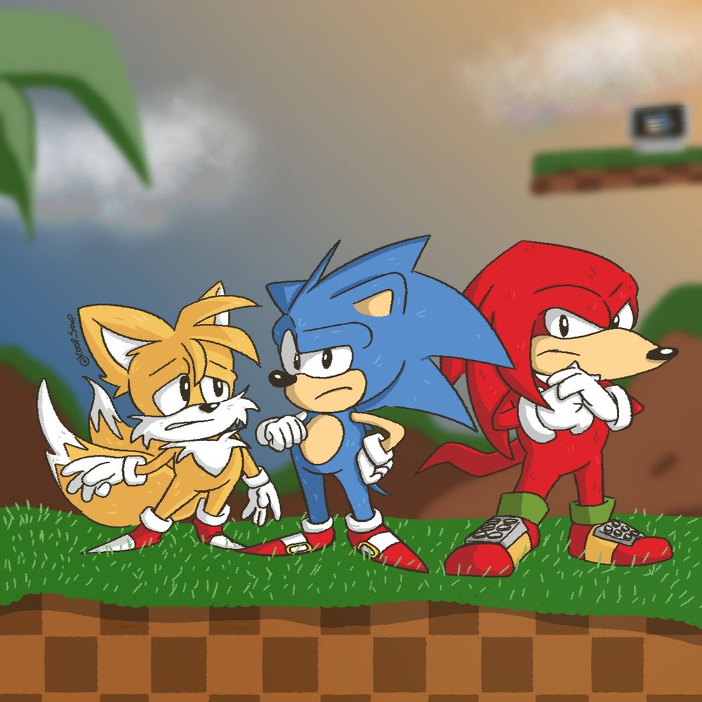 Classic Sonic, Tails, and Knuckles standing in Green Hill. Sonic is looking unamused and is pointing at himself, Tails looks uneasy and has his hand out, and Knuckles is cracking his knuckles with an angry expression.