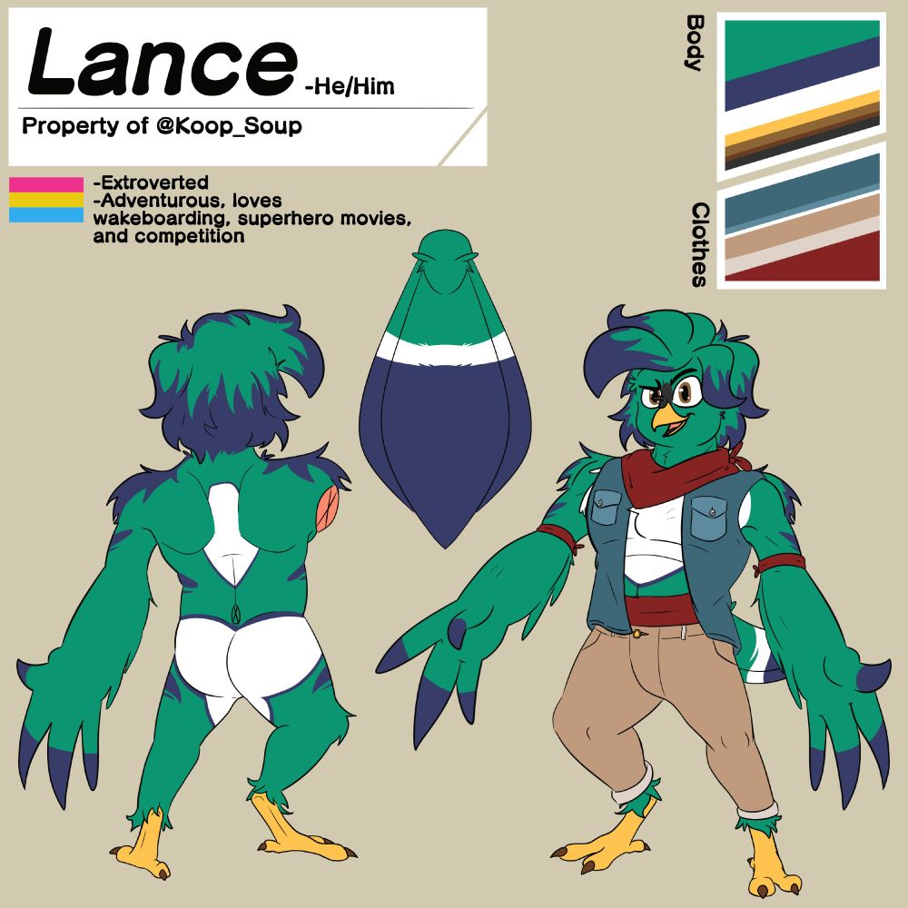 The same image, but he is clothed. He is wearing a red scarf, a blue vest, and tan jeans.