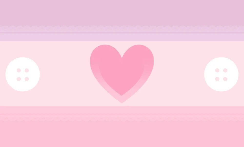 An image of the doll pride flag: light pink with darker pink bars at the top and bottom, a deep pink heart in the center, and two white buttons on the center left and right.