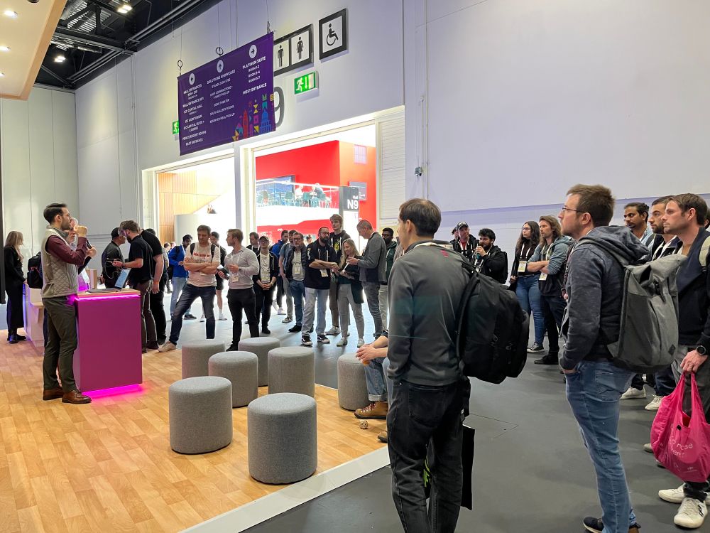 A crowd gathers to hear about Spin. 