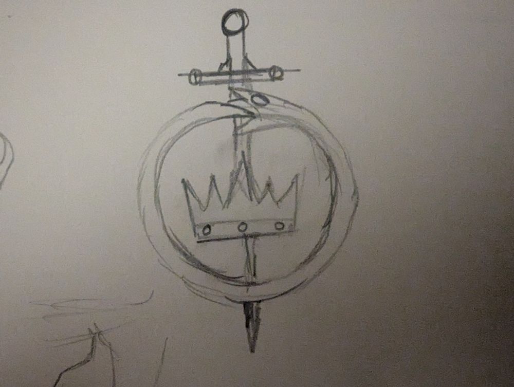 Sketch of a crown surrounded by an ouroboros locked together by a sword. The symbol of the crown alchemists