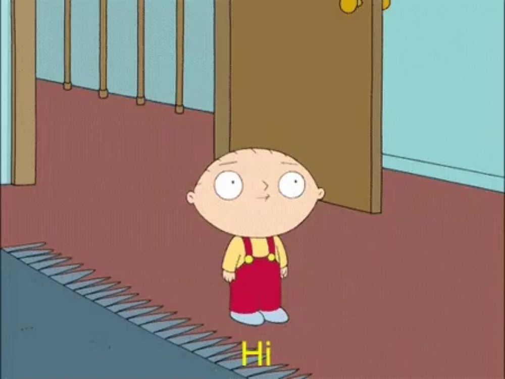 a cartoon character says hi in a hallway