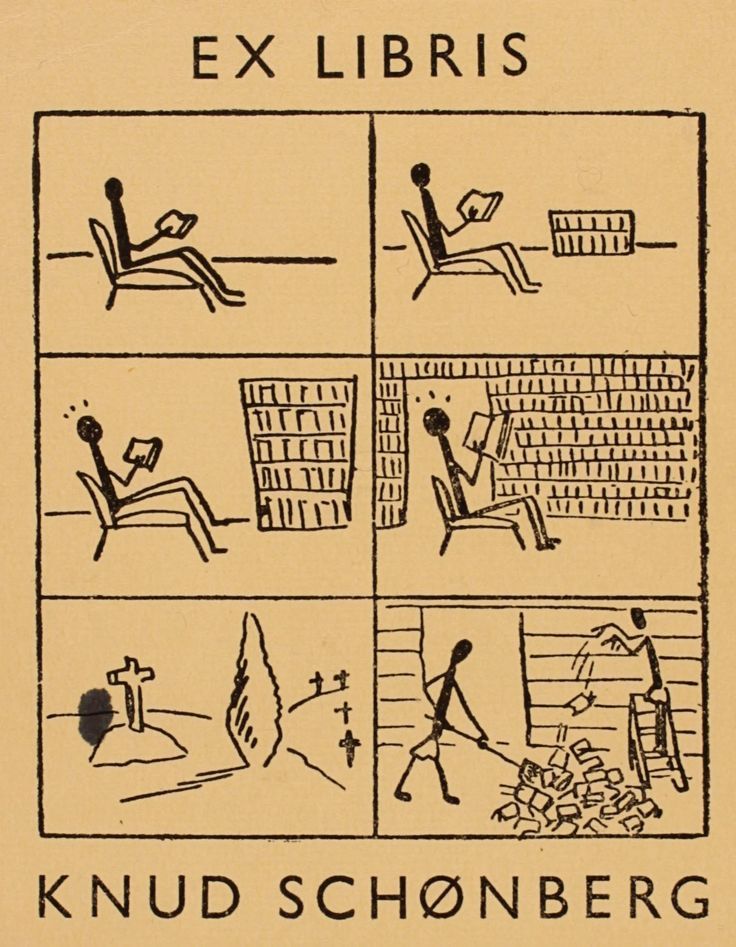 Bookplate with a series of six images illustrating a stick figure from the purchase of their first book to their books being unceremoniously tossed after death. Text reads "EX LIBRIS KNUD SCHØNBERG"