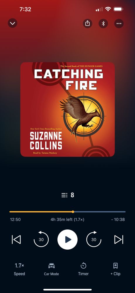 Cover of Catching Fire by Suzanne Collins I am on chapter 8. 