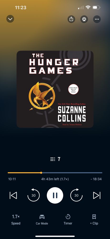Cover of the audiobook for The Hunger Games by Suzanne Collins I am on chapter 7 