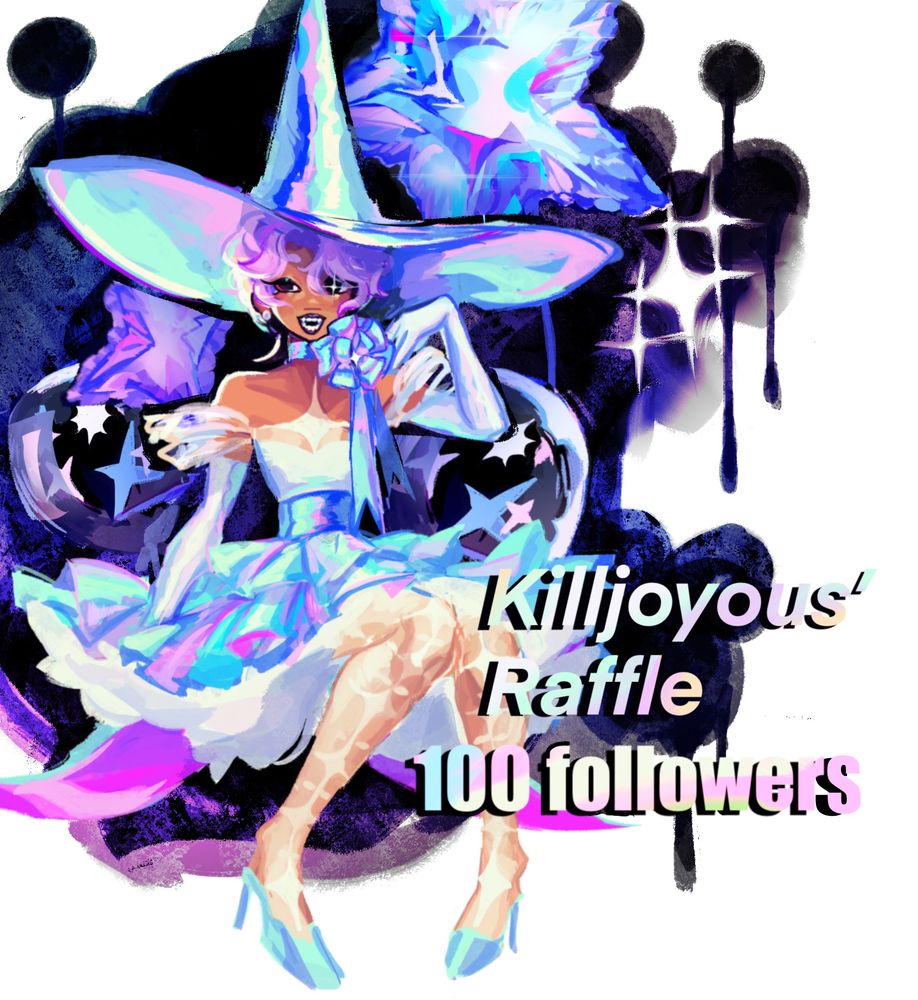colorful splash art of an original witch character with the text “Killjoyous’ Raffle, 100 followers”